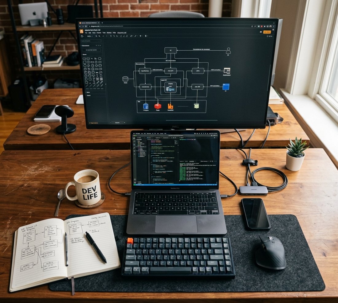 Developer workstation with code on screen and architecture diagrams in a notebook
